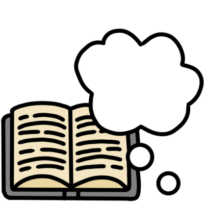 A white thought bubble with an open, grey-spined book behind it, with lots of lines representing text.